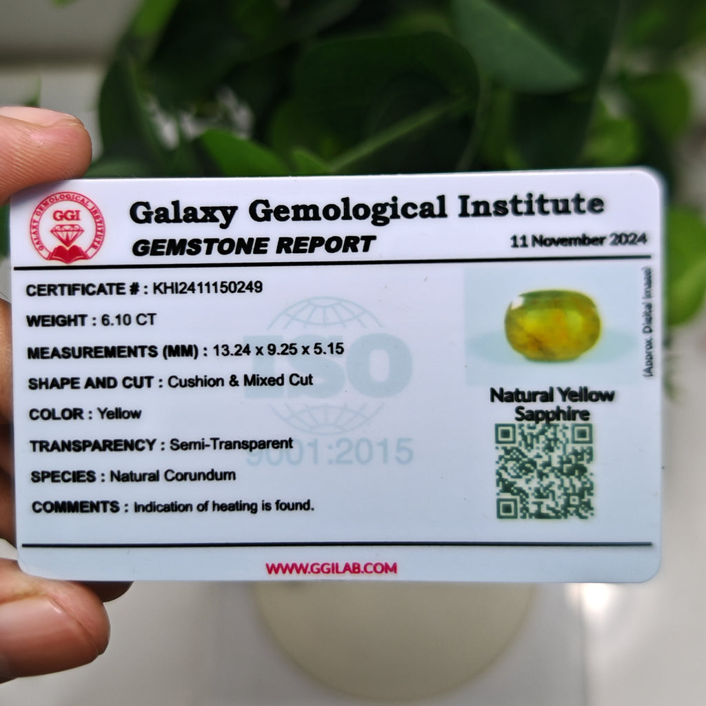 Natural Yellow Sapphire – 6.10 Carat | Authentic GGI Certified Gem