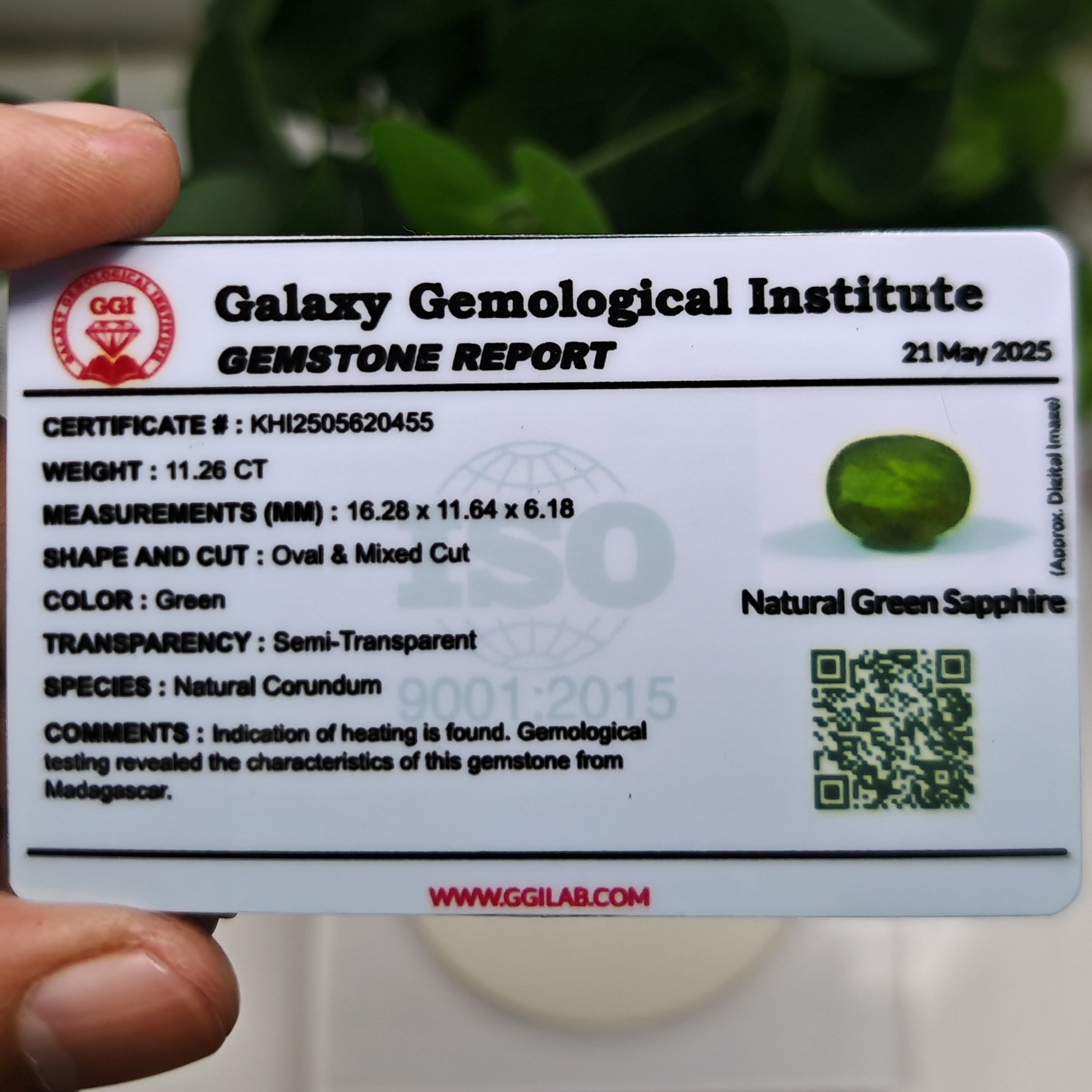 Natural Green Sapphire – 11.26 Carat | Authentic Certified Gem