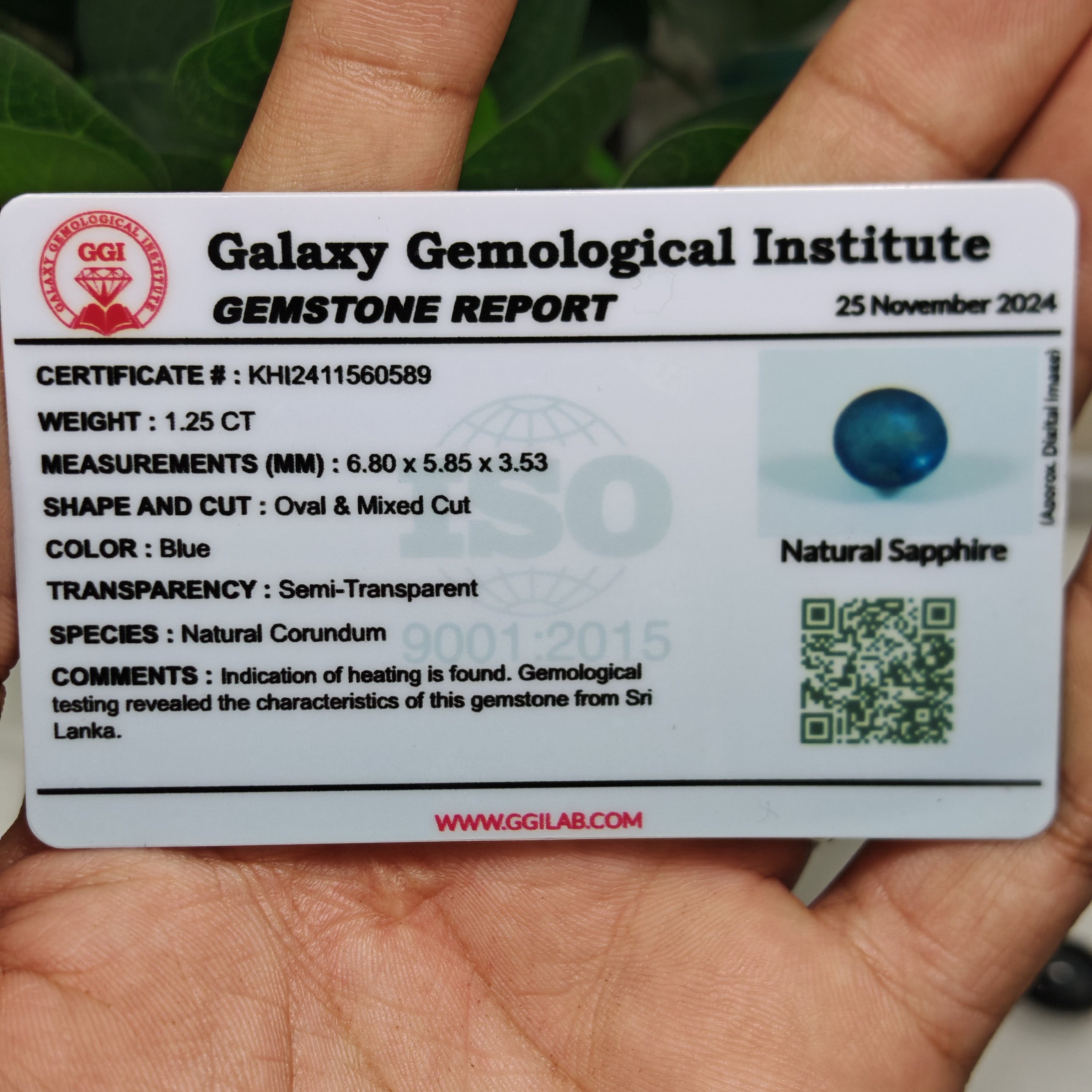 Natural Blue Sapphire – 1.25 Carat | Authentic GGI Certified Gem